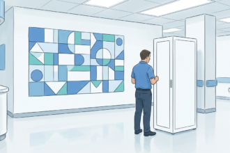 Technician in a hospital IT operations center beside a blank white server rack