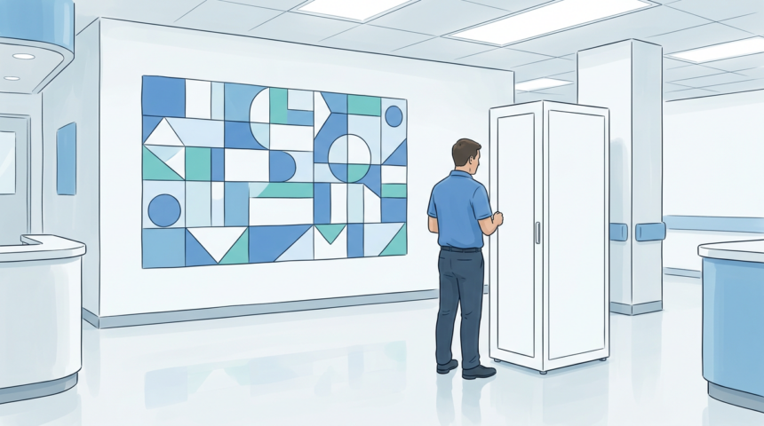Technician in a hospital IT operations center beside a blank white server rack