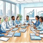 Hospital finance team at a conference table reviewing documents with abstract chart