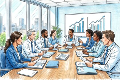 Hospital finance team at a conference table reviewing documents with abstract chart