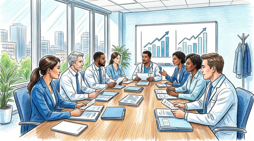 Hospital finance team at a conference table reviewing documents with abstract chart