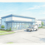 Hand-drawn illustration of a freestanding emergency room clinic with an ambulance outside