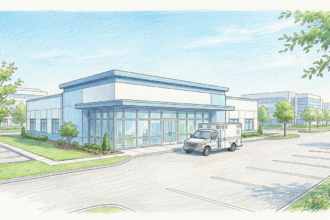 Hand-drawn illustration of a freestanding emergency room clinic with an ambulance outside