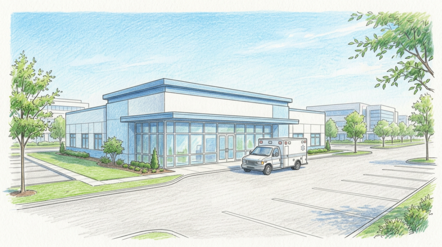 Hand-drawn illustration of a freestanding emergency room clinic with an ambulance outside
