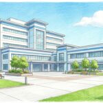 Hand-drawn illustration of a modern teaching hospital building with a clinic wing