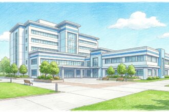 Hand-drawn illustration of a modern teaching hospital building with a clinic wing
