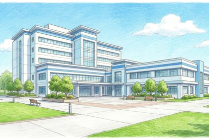 Hand-drawn illustration of a modern teaching hospital building with a clinic wing