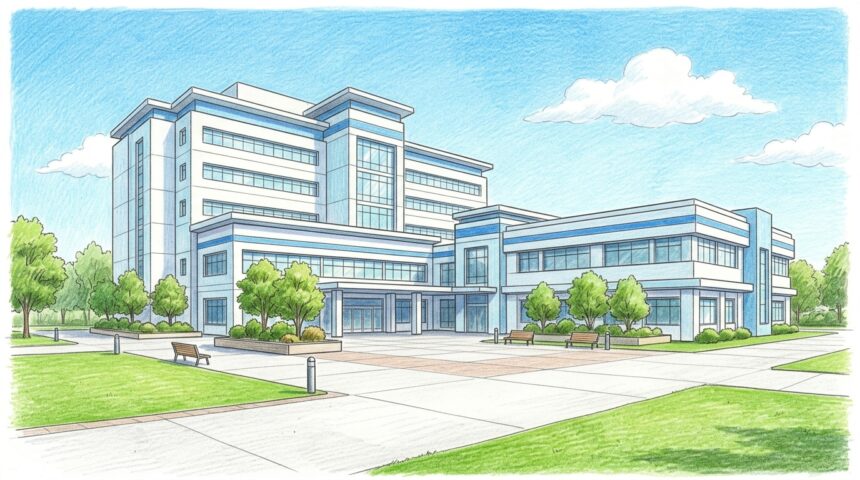 Hand-drawn illustration of a modern teaching hospital building with a clinic wing