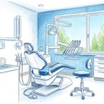 Hand-drawn illustration of a bright modern dental clinic treatment room