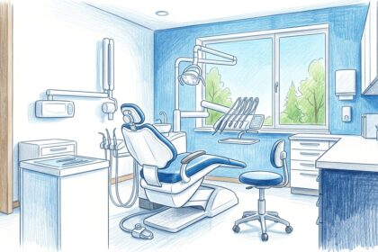 Hand-drawn illustration of a bright modern dental clinic treatment room