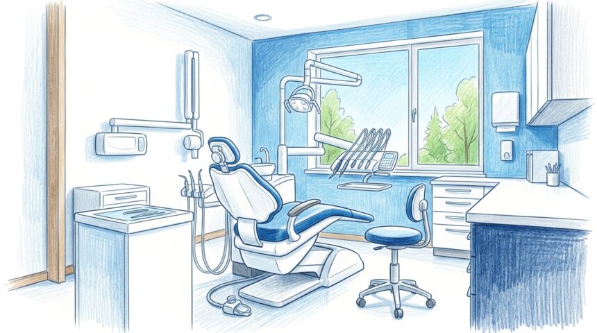 Hand-drawn illustration of a bright modern dental clinic treatment room