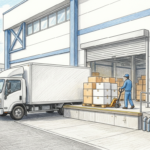 Hand-drawn illustration of a pharmaceutical distribution warehouse loading dock