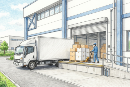 Hand-drawn illustration of a pharmaceutical distribution warehouse loading dock