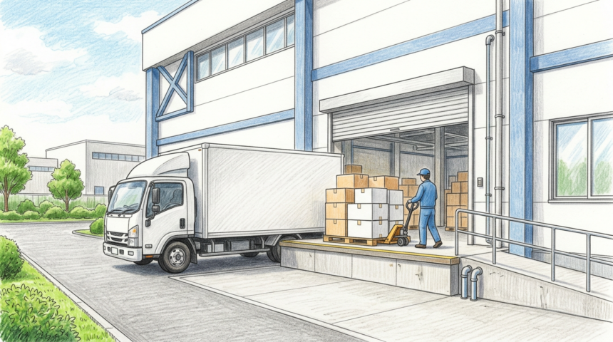 Hand-drawn illustration of a pharmaceutical distribution warehouse loading dock