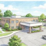 Hand-drawn illustration of a small community hospital campus with an entrance canopy