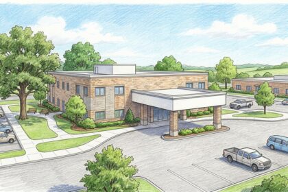 Hand-drawn illustration of a small community hospital campus with an entrance canopy