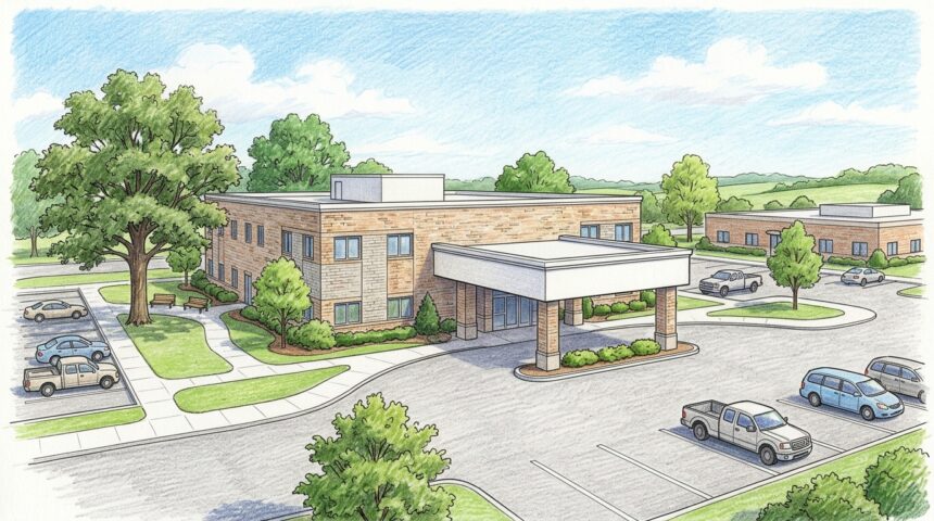 Hand-drawn illustration of a small community hospital campus with an entrance canopy