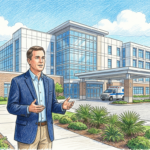 Hand-drawn illustration of a modern hospital campus with an executive speaking in the foreground