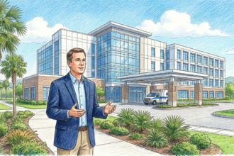 Hand-drawn illustration of a modern hospital campus with an executive speaking in the foreground