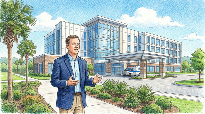 Hand-drawn illustration of a modern hospital campus with an executive speaking in the foreground