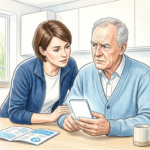Hand-drawn illustration of a senior patient looking at a blank smartphone with a family member nearby