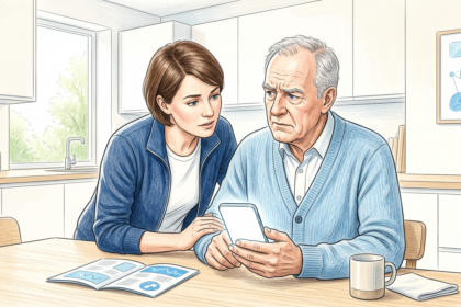 Hand-drawn illustration of a senior patient looking at a blank smartphone with a family member nearby