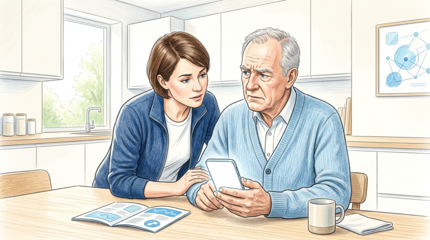 Hand-drawn illustration of a senior patient looking at a blank smartphone with a family member nearby