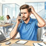 Hand-drawn illustration of a hospital help desk employee on a phone call with a puzzled expression