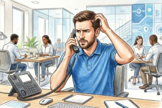 Hand-drawn illustration of a hospital help desk employee on a phone call with a puzzled expression