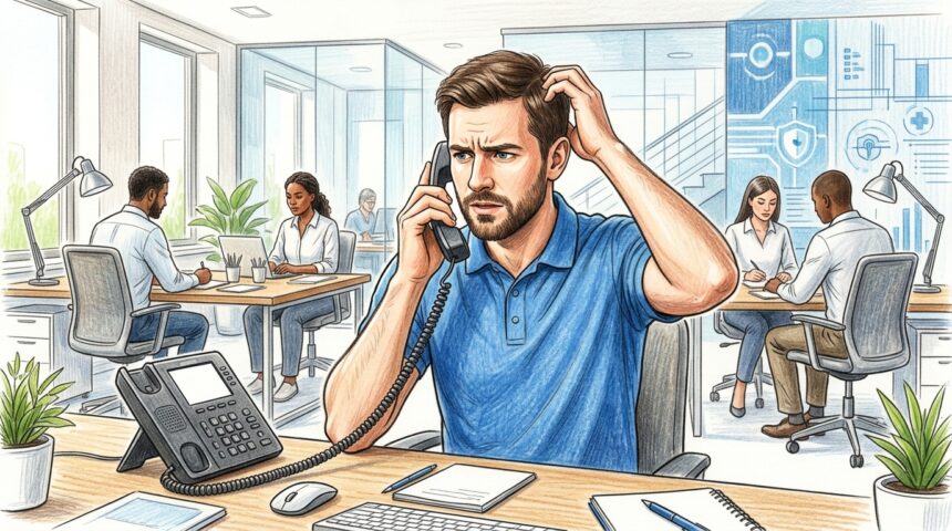 Hand-drawn illustration of a hospital help desk employee on a phone call with a puzzled expression