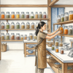 Hand-drawn illustration of a traditional herbal medicine workshop with shelves of plain glass jars