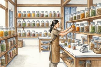 Hand-drawn illustration of a traditional herbal medicine workshop with shelves of plain glass jars