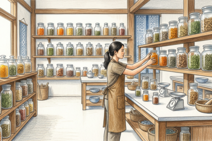 Hand-drawn illustration of a traditional herbal medicine workshop with shelves of plain glass jars