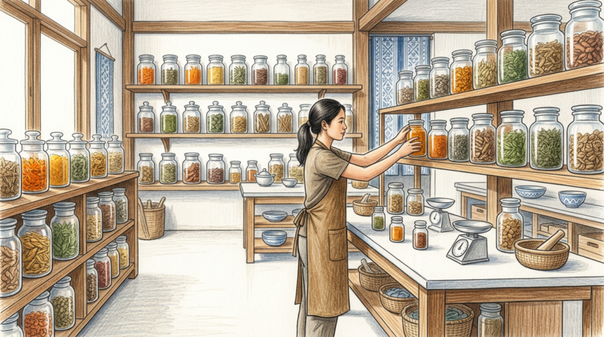Hand-drawn illustration of a traditional herbal medicine workshop with shelves of plain glass jars