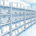 Hand-drawn illustration of a hospital supply room with rows of blank white IV infusion pumps