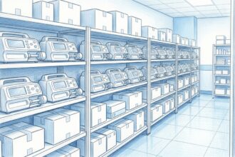 Hand-drawn illustration of a hospital supply room with rows of blank white IV infusion pumps