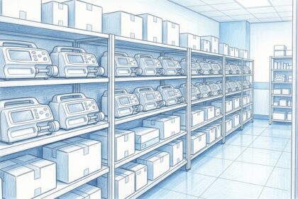 Hand-drawn illustration of a hospital supply room with rows of blank white IV infusion pumps