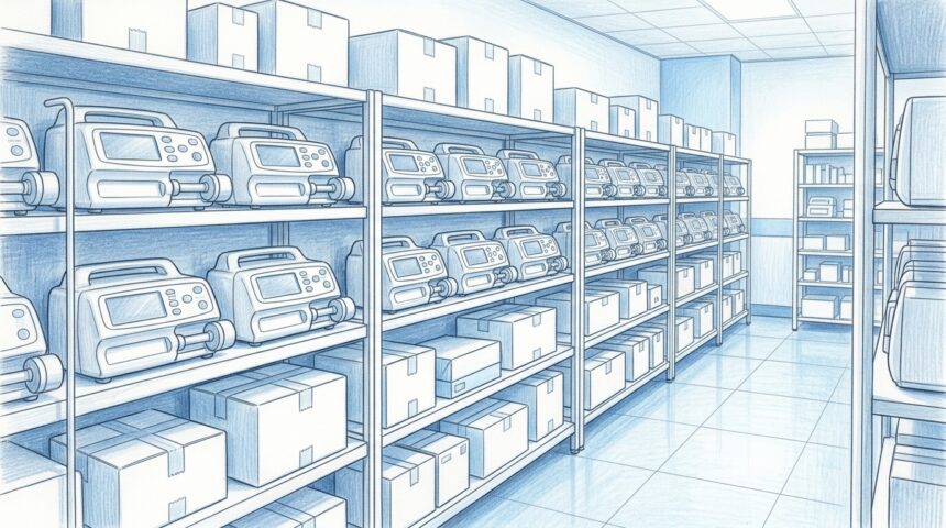 Hand-drawn illustration of a hospital supply room with rows of blank white IV infusion pumps