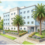 Hand-drawn illustration of a modern private hospital building in a sunny Buenos Aires suburb
