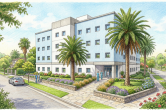 Hand-drawn illustration of a modern private hospital building in a sunny Buenos Aires suburb