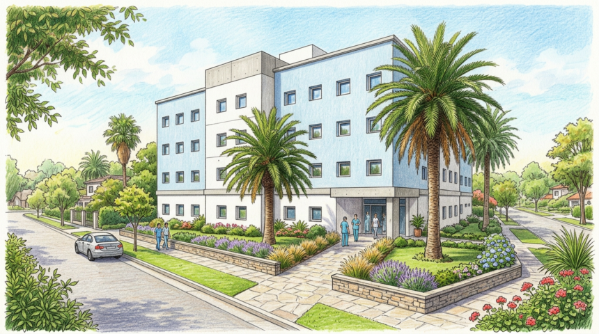 Hand-drawn illustration of a modern private hospital building in a sunny Buenos Aires suburb