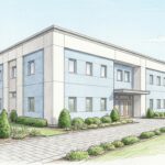 Hand-drawn illustration of a modern pharmaceutical research office building