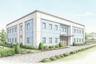 Hand-drawn illustration of a modern pharmaceutical research office building