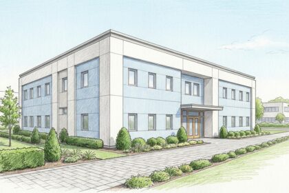 Hand-drawn illustration of a modern pharmaceutical research office building