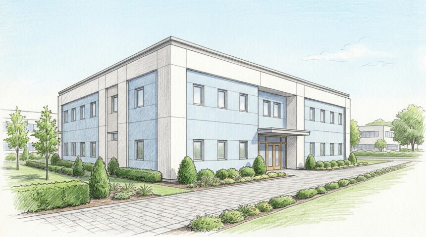 Hand-drawn illustration of a modern pharmaceutical research office building