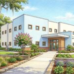 Hand-drawn illustration of a modern cardiology clinic building in a southern US city