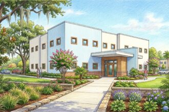 Hand-drawn illustration of a modern cardiology clinic building in a southern US city