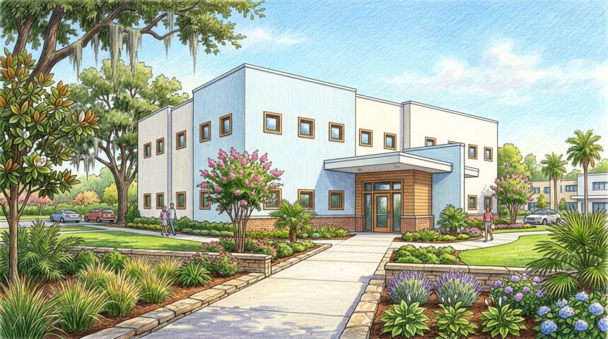Hand-drawn illustration of a modern cardiology clinic building in a southern US city