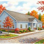 Hand-drawn illustration of a single-storey medical office building in a New England office park in autumn