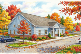 Hand-drawn illustration of a single-storey medical office building in a New England office park in autumn